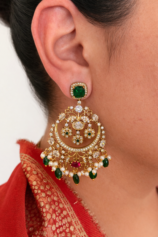Moissanite Chaandbali Earrings with Pearls & Green Monalisa Beads
