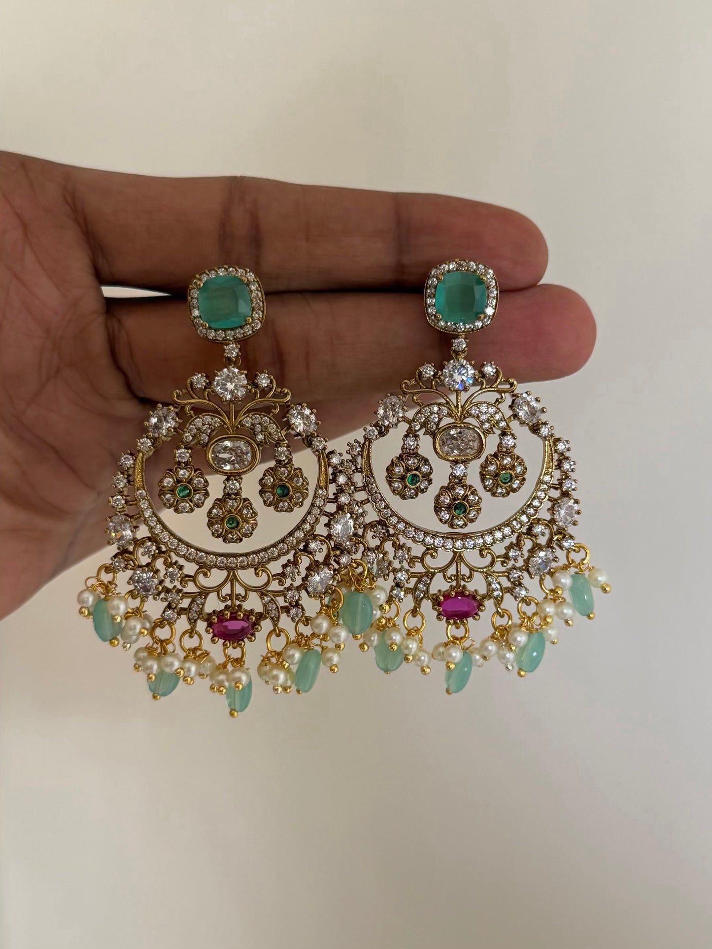 Moissanite Chaandbali Earrings with Pearls & Green Monalisa Beads