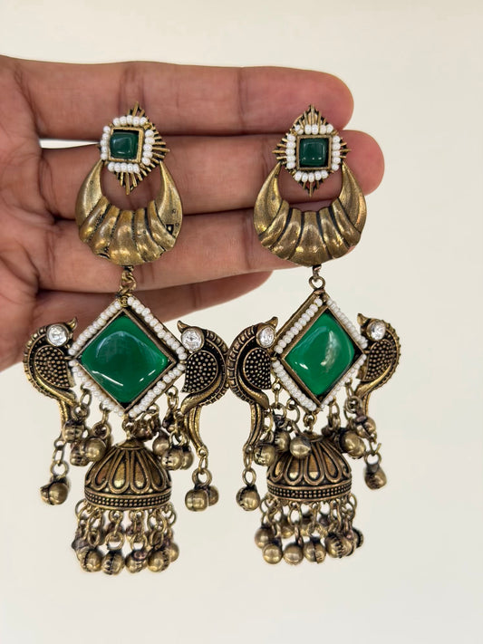 Peacock Jhumka Chaandbali Earrings with Diamond Stone and Ghungroo Tassels