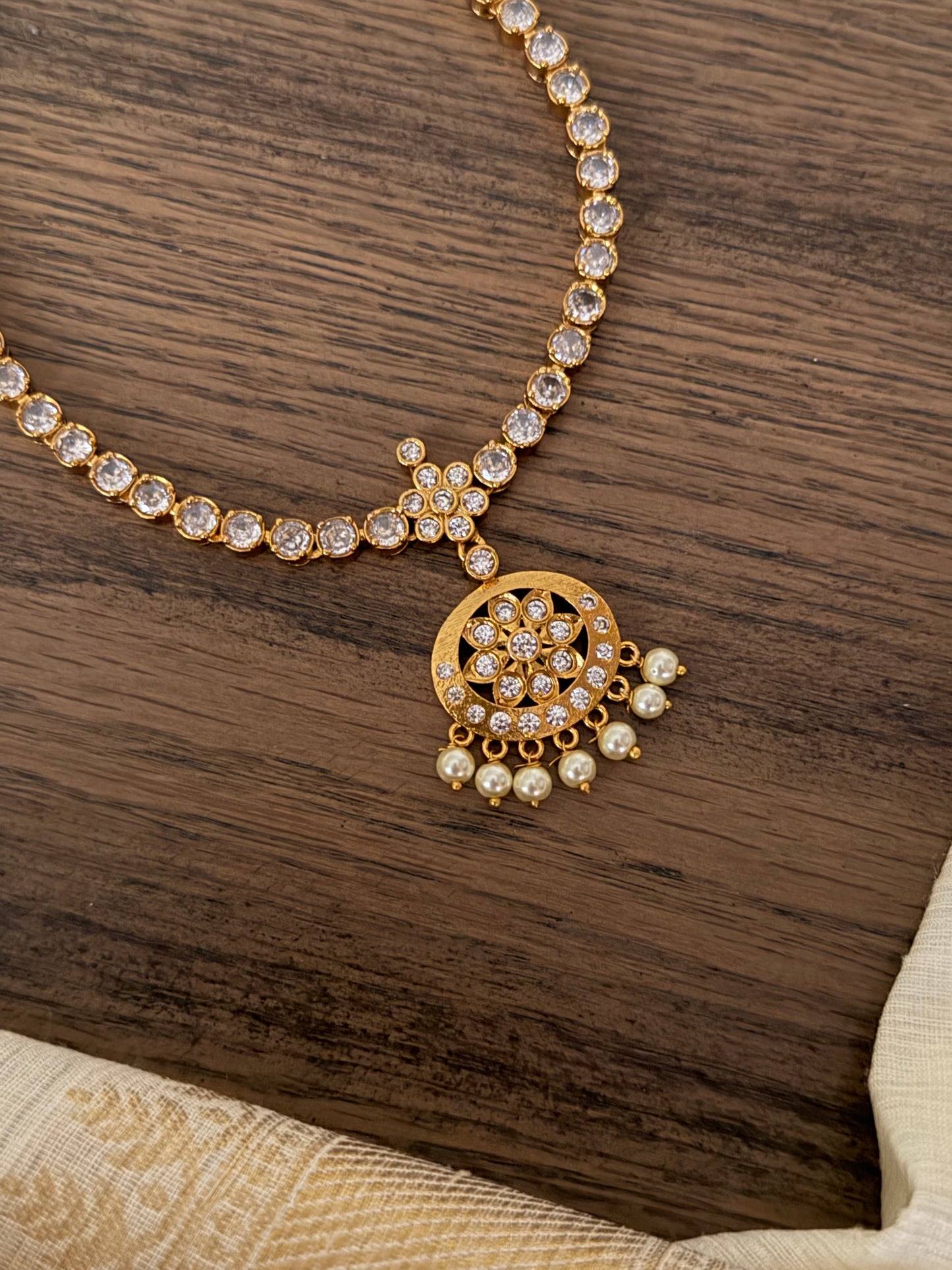 Minimalist American Diamond (AD) Choker Necklace Set with Pearl Drops