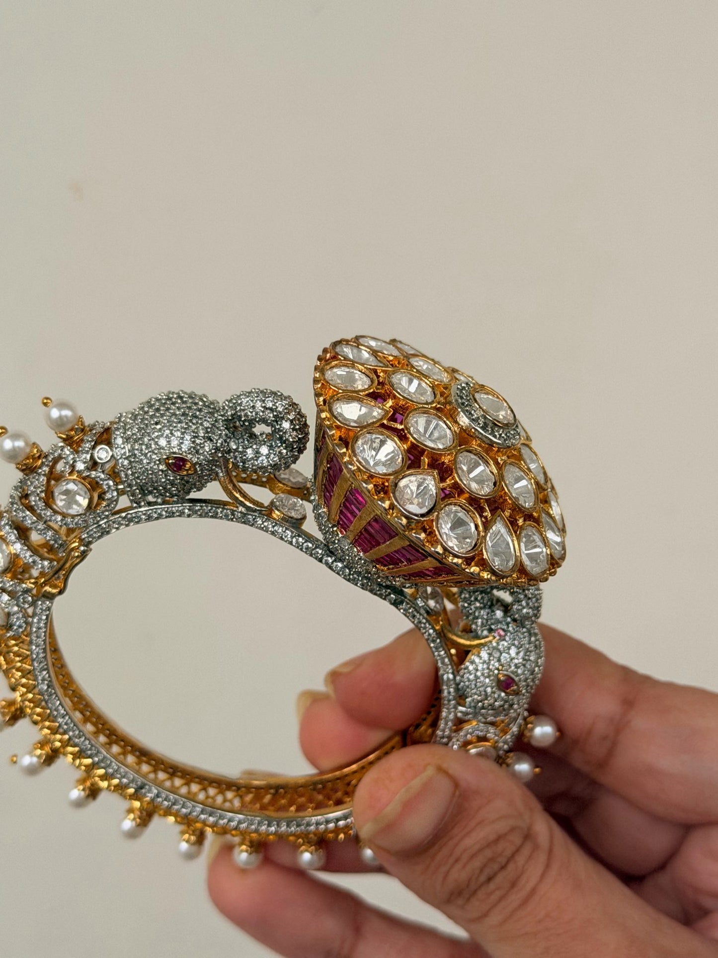 Elephant Motif Foil Back Kundan Kada with Pearl Drops