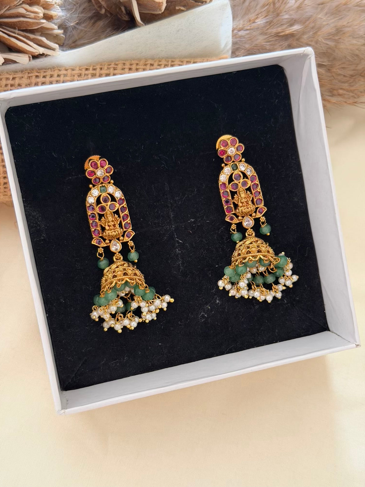 Lakshmi Arch Ruby Kemp Jhumka Earrings with Pearl and Green Bead Drops