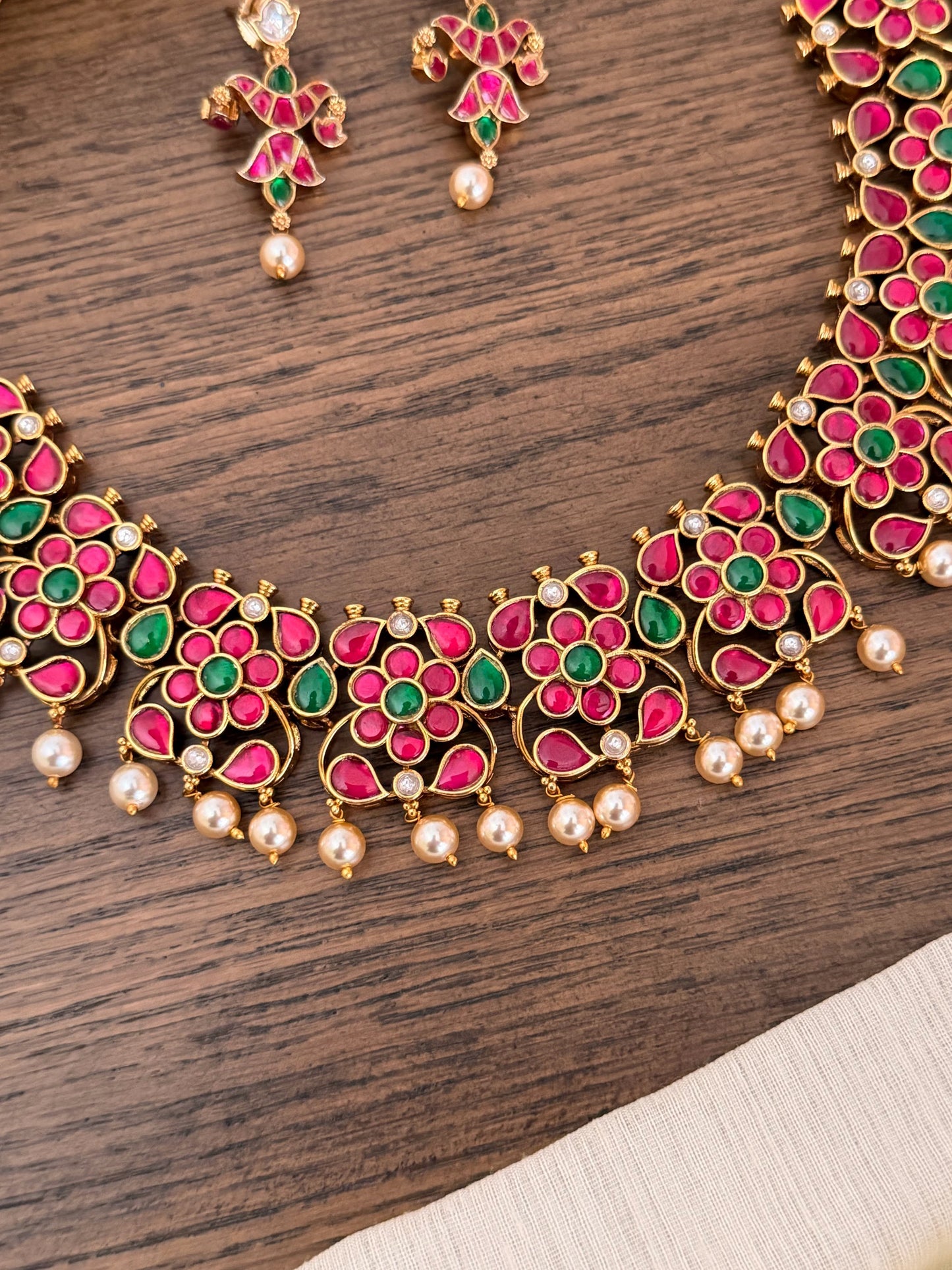 Grand Floral Jadau Kundan Necklace Set with Ruby & Emerald Stones