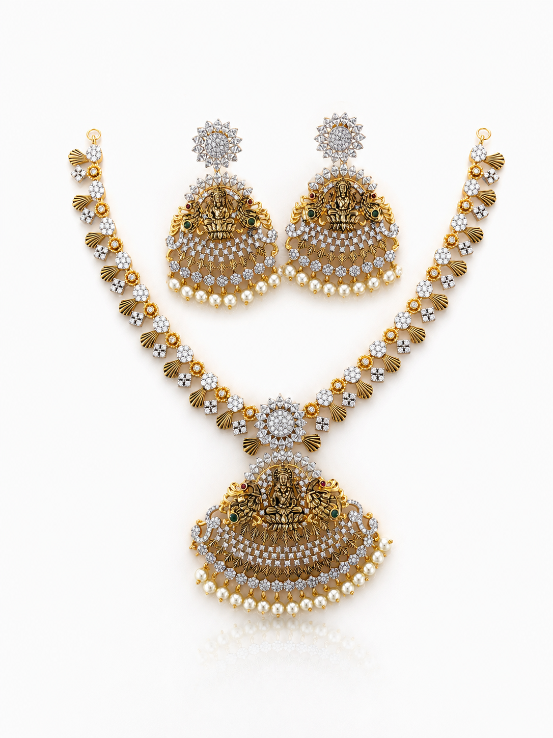 Diamond Look Lakshmi Fan Pendant Necklace Set with Matching Earrings