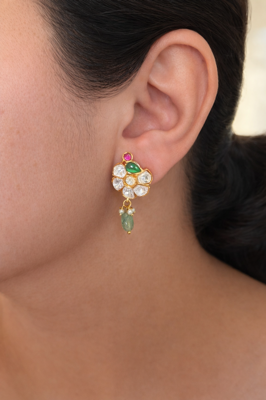 Gold White Stone Chandelier Drop Earrings