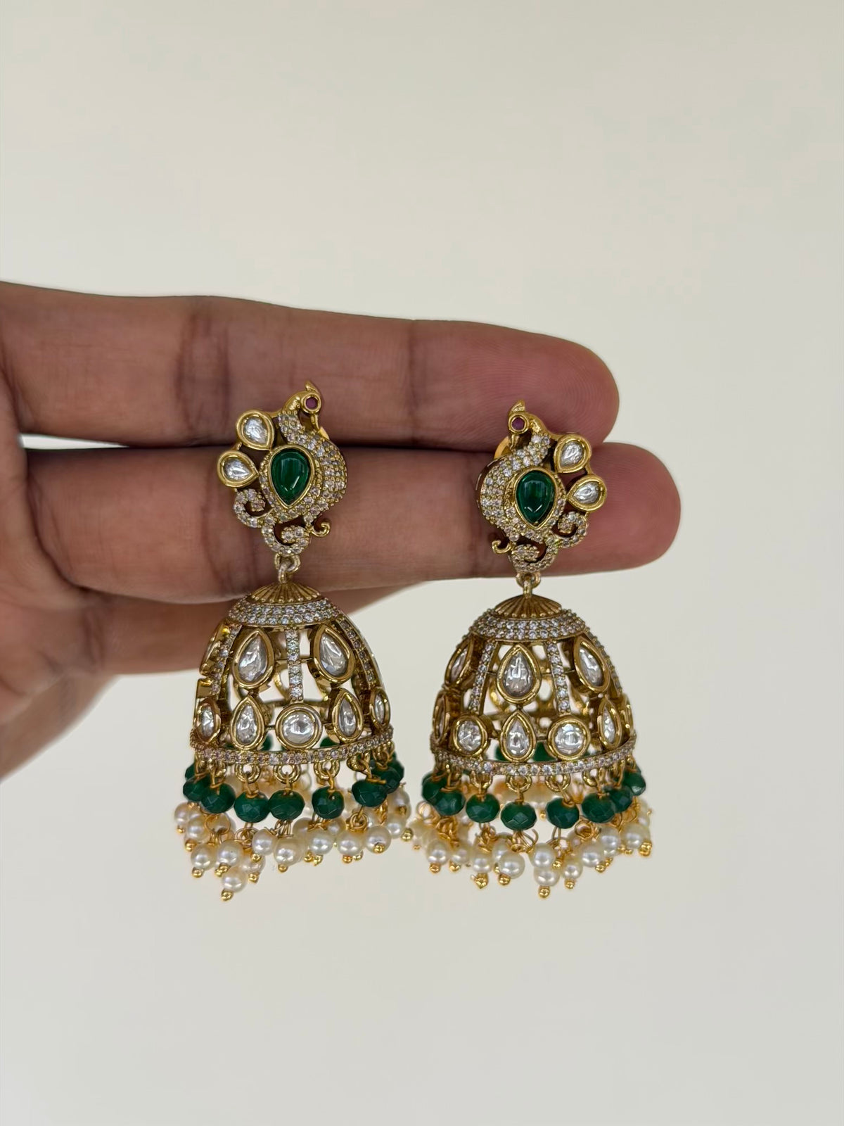 Emerald Bead Kundan Peacock Jhumka Earrings with Zircon Dome