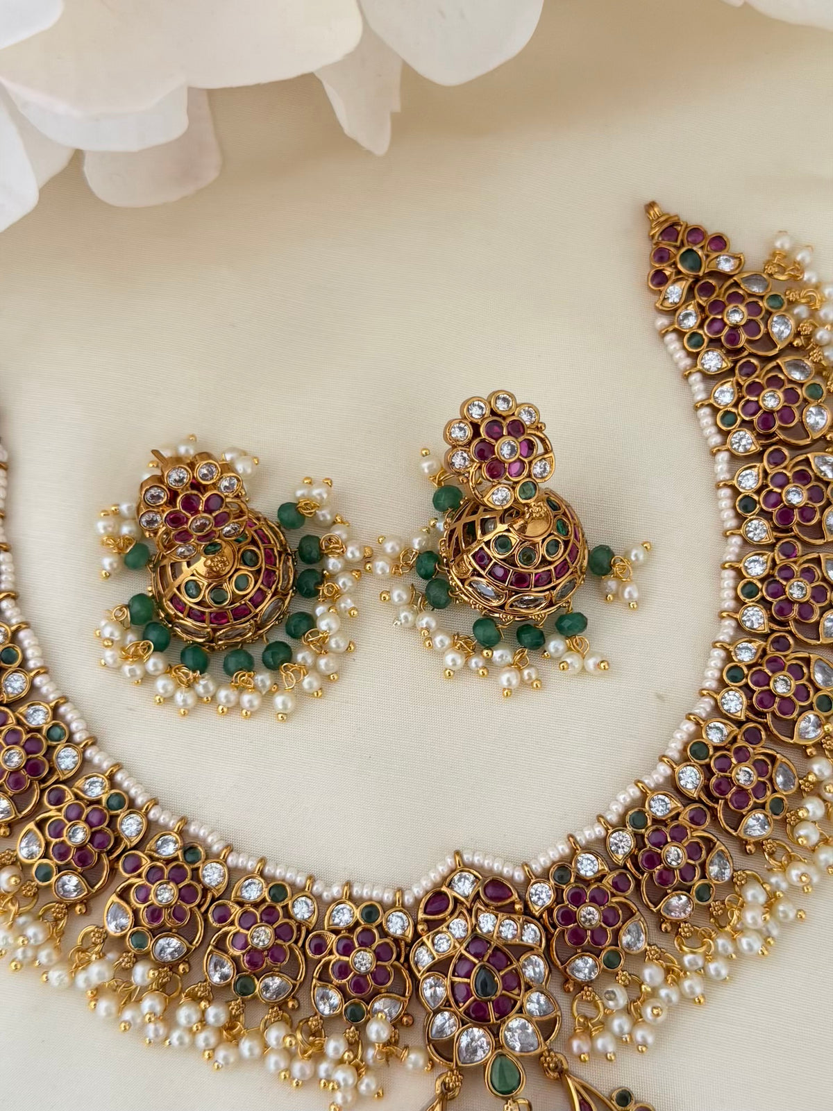 Kemp Pearl Cluster Necklace Set with Chaandbali Pendant and Jhumka Earrings