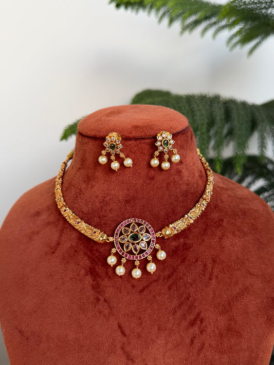 Antique Gold Finish Floral Choker Set with Kemp Stones & Pearl Drops - Temple Jewellery