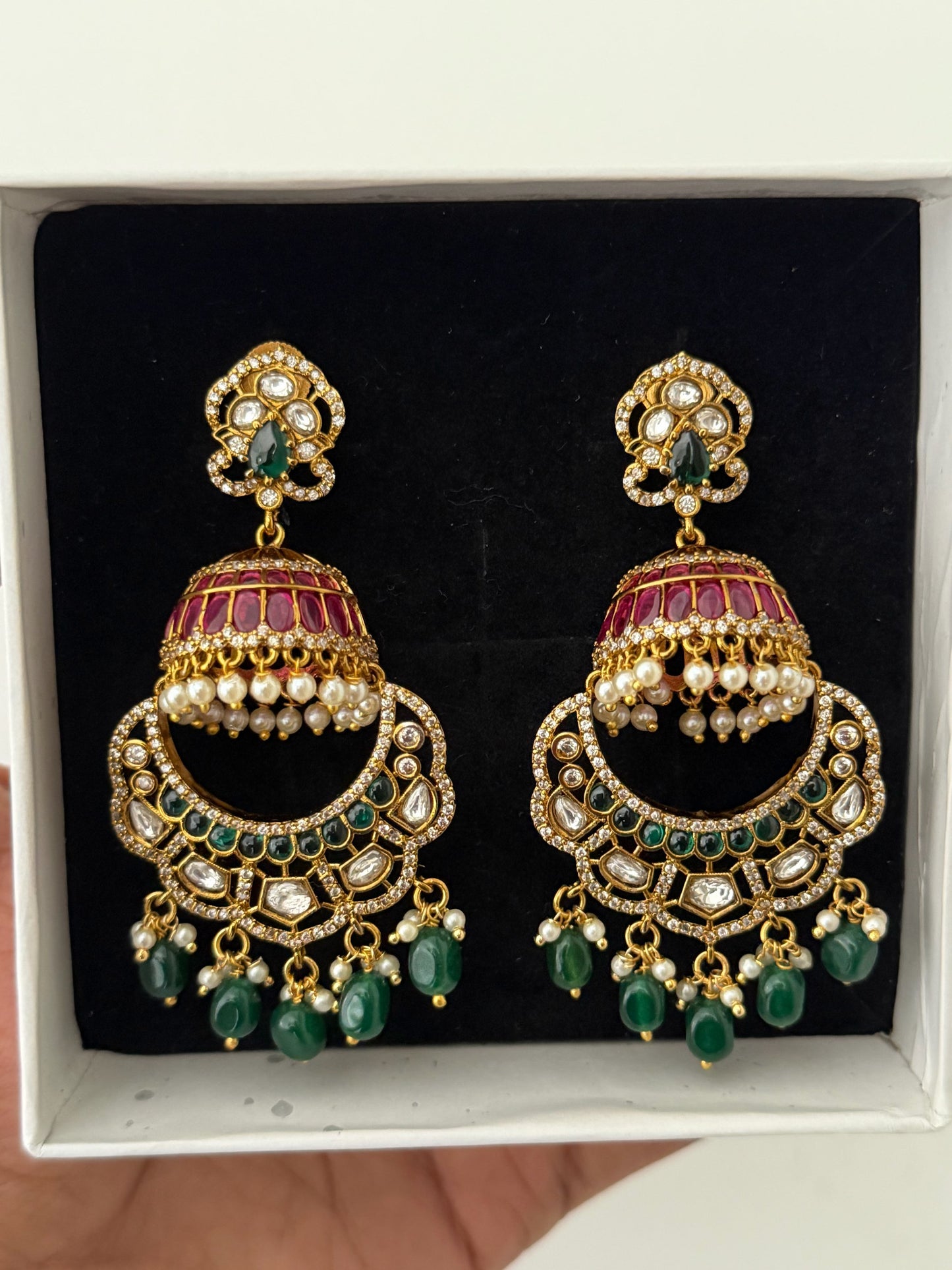 Handcrafted Ruby & Emerald Artisan Jhumkas – Premium Lightweight Design with High-Gloss Gold Finish