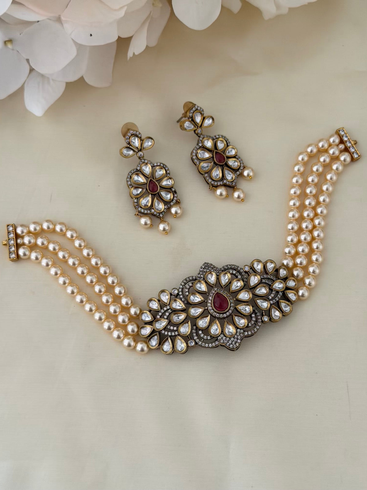 Victorian Kundan-Style Pearl Choker Set with Ruby Centre Stone and Floral Earrings