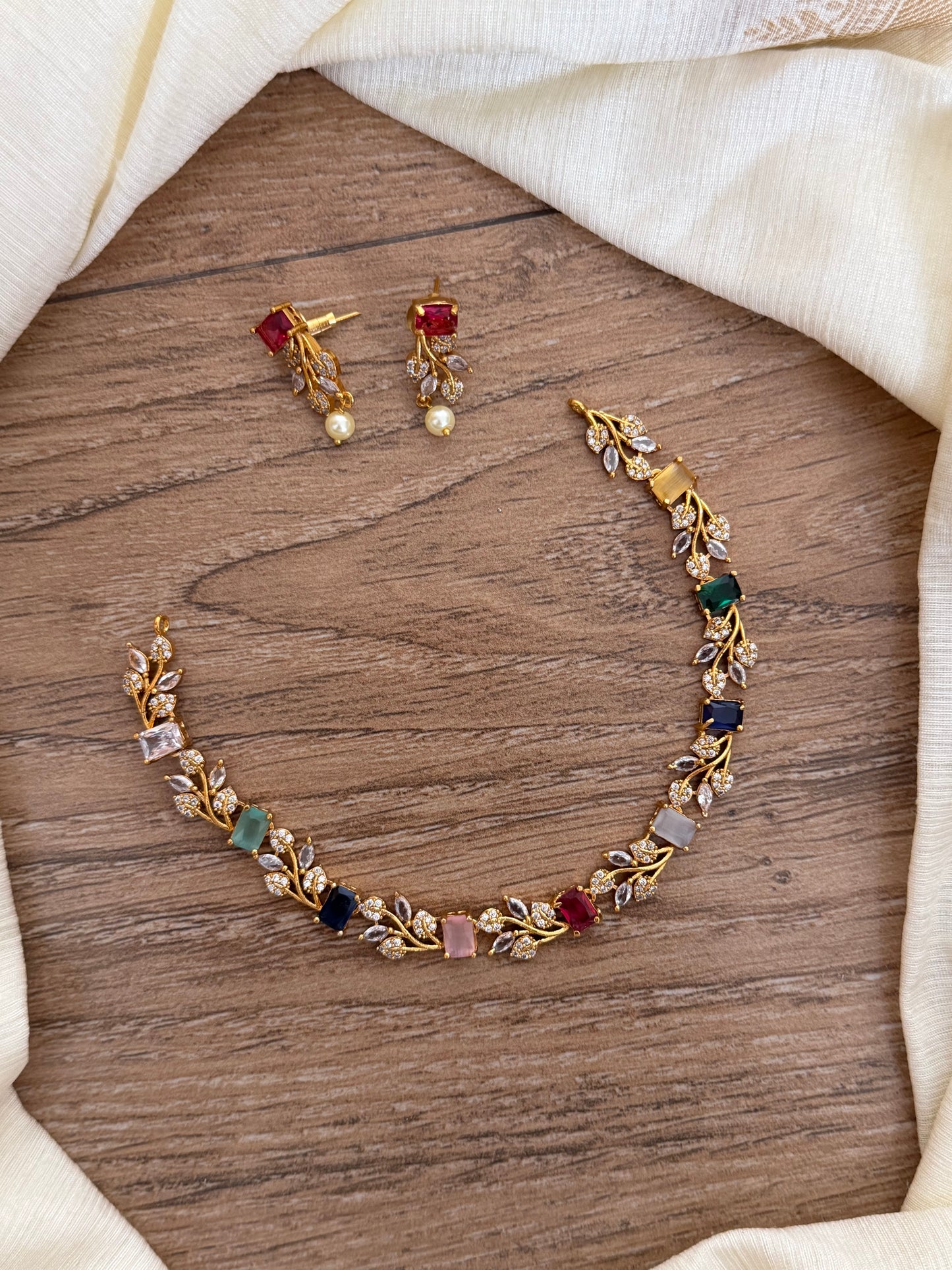 Leaf & Floral AD Diamond Necklace – Baby Pink / Mint / Multicolor