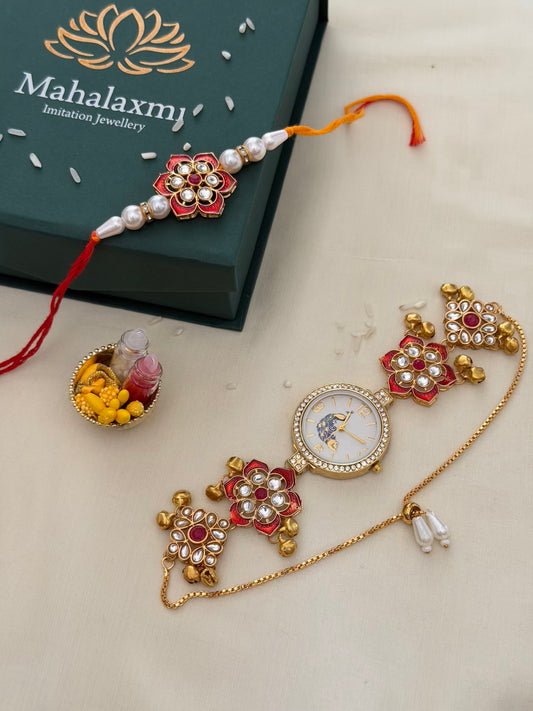 Red Kundan Rakhi & Peacock Dial Bracelet Watch Combo – Red & Green Floral
