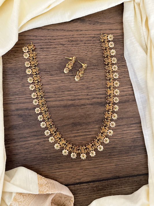 Traditional Lakshmi Floral Haram Necklace Set with Earrings & Bracelet | South Indian Imitation Jewellery