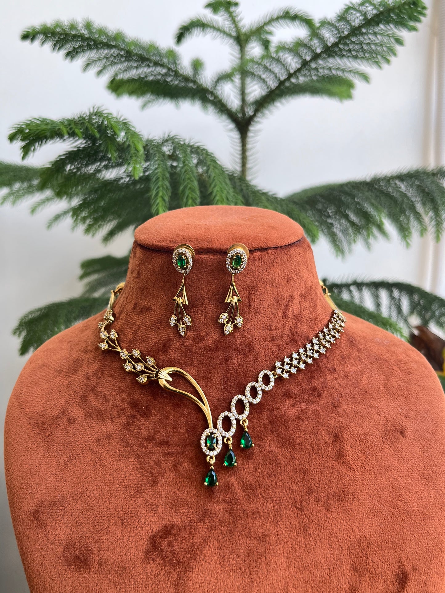 Asymmetric Green Stone Necklace – AD Studded – With Earrings