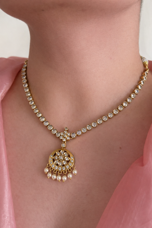 Minimalist American Diamond (AD) Choker Necklace Set with Pearl Drops