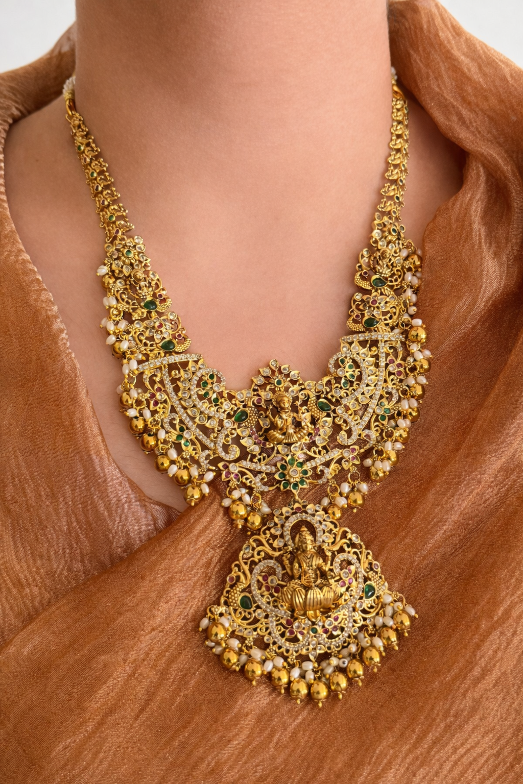 Bridal Lakshmi Devi Nakshi Necklace Set in Antique Gold Finish