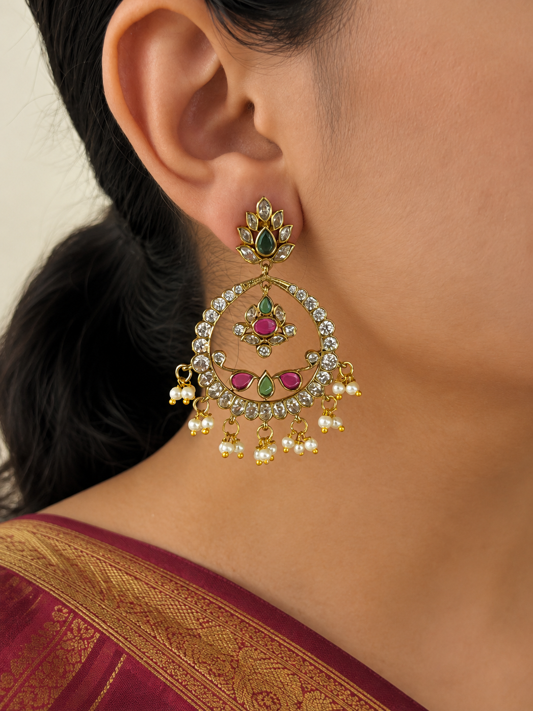 Lotus Pearl Fringe Medallion Chandbali