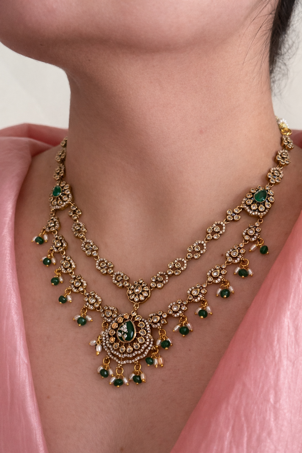 Exquisite Double-Layered CZ & Emerald Necklace with Seed Pearl Tassels