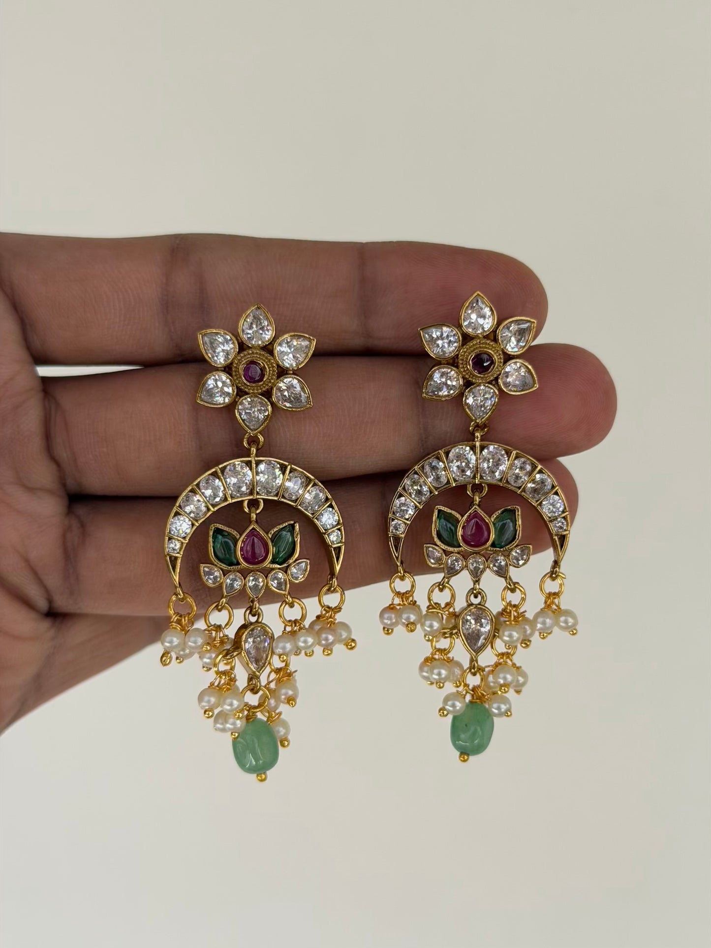 Lotus Chandbali Earrings with Emerald Green Beads & Pearls