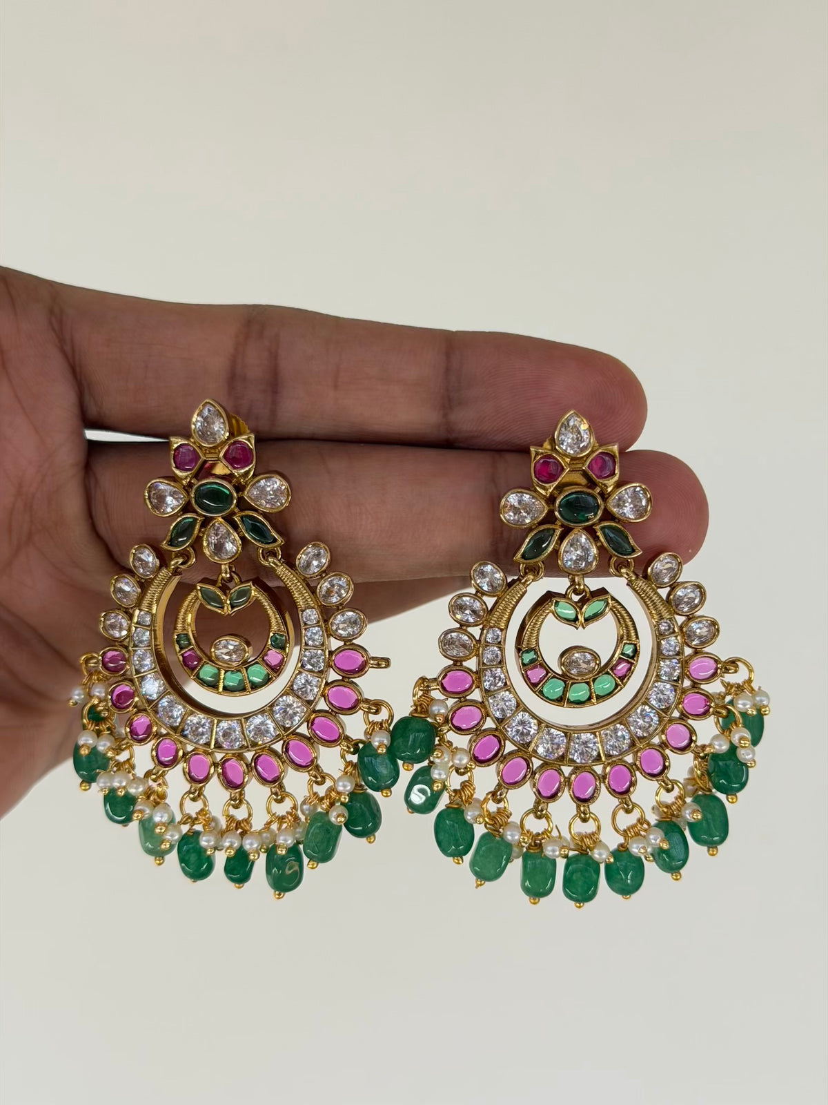 Double Crescent Ruby Emerald Chaandbali Earrings with Jade Bead Drops