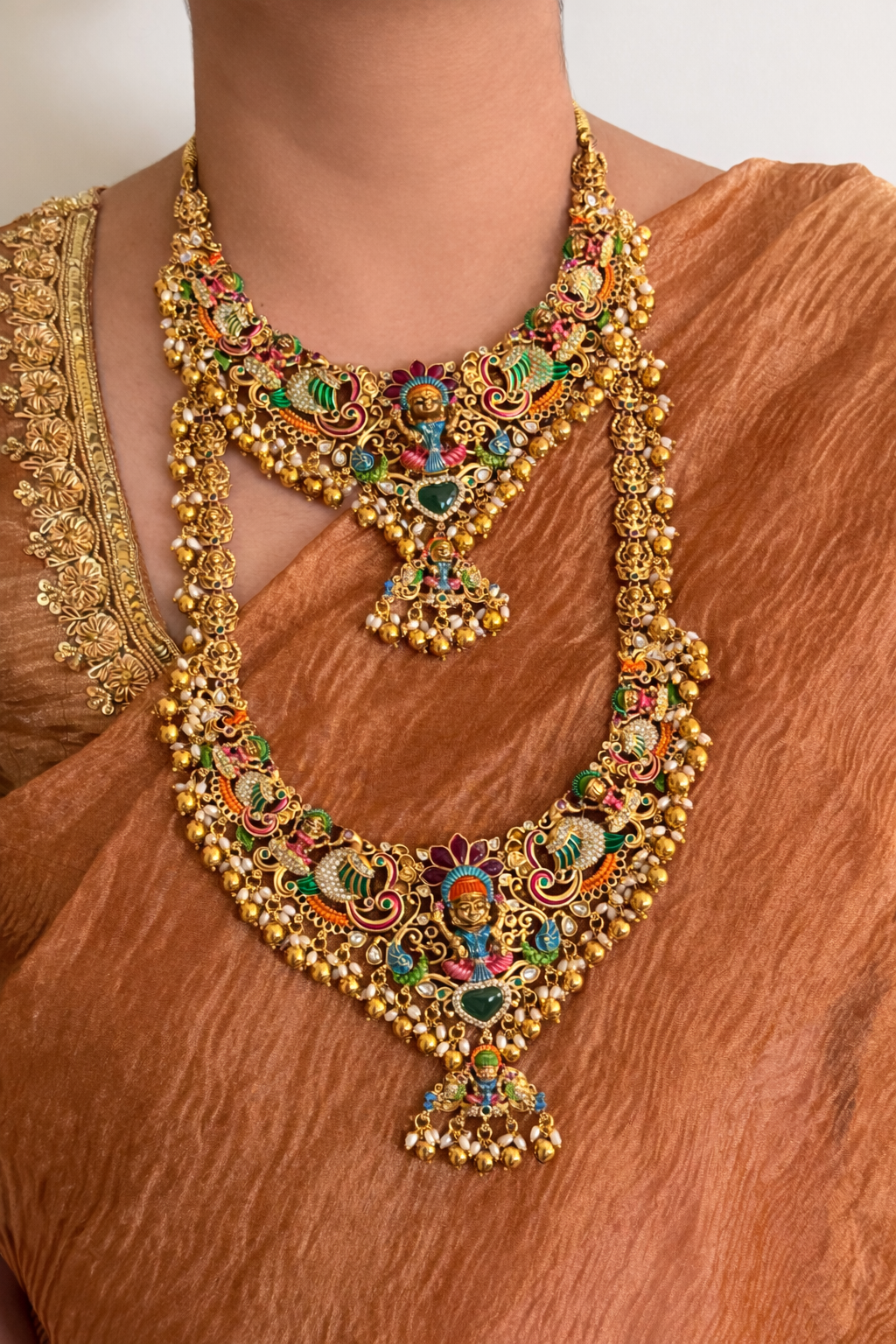 Hand painted Nakshi Temple Jewellery Set with Antique Gold Finish