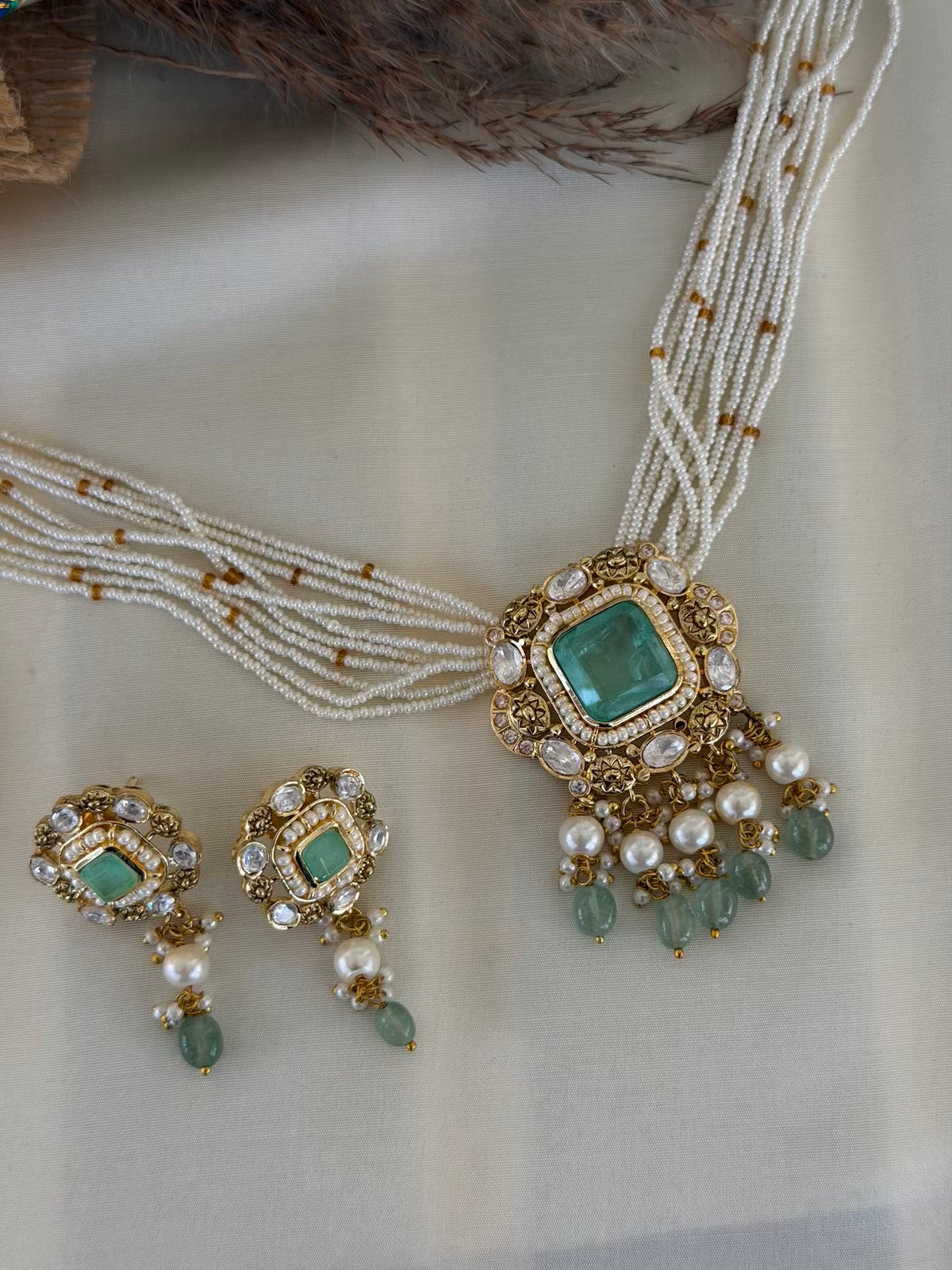 Kundan Emerald Floral Necklace Set with Stud Earrings