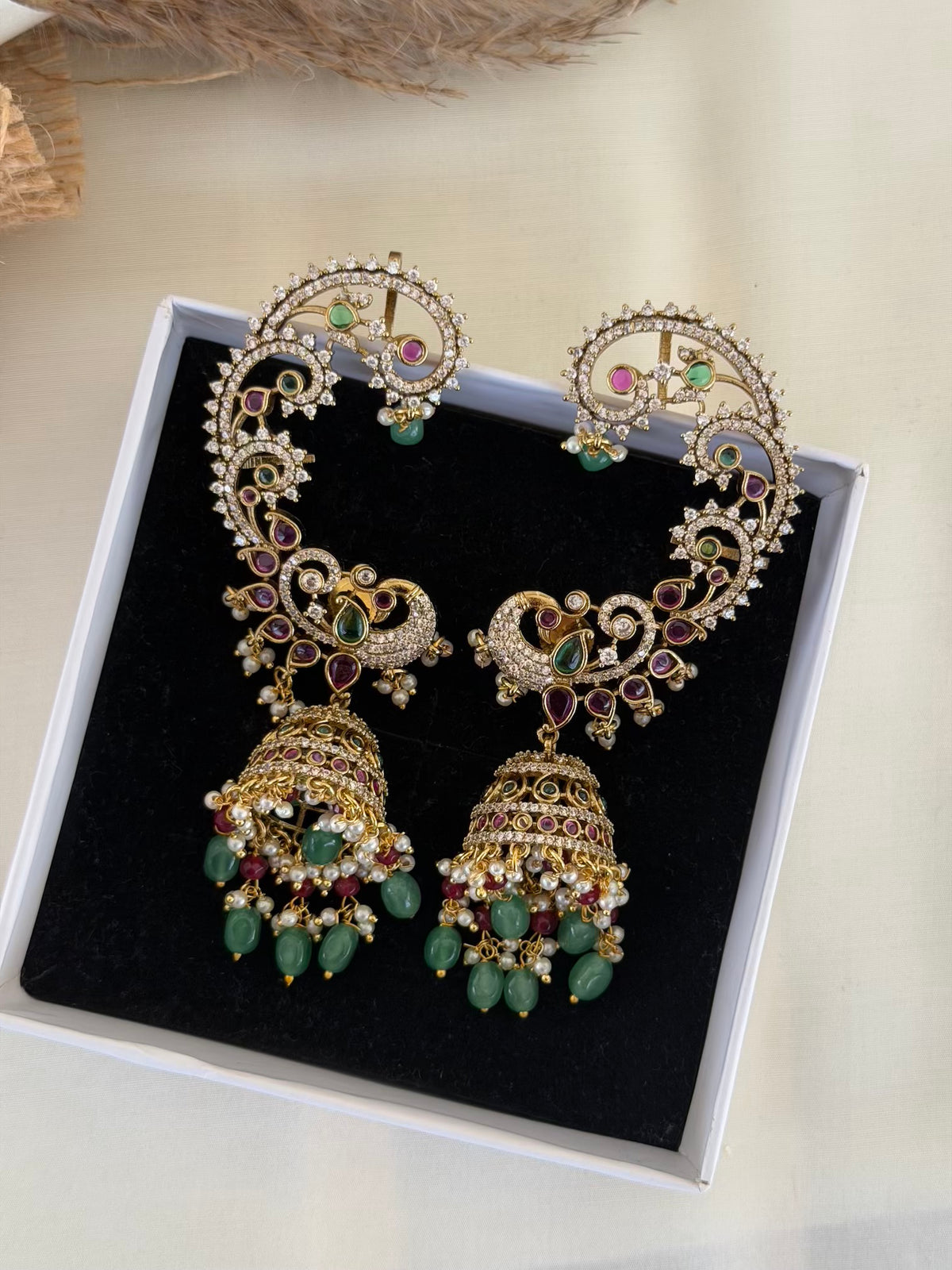Ruby Emerald Peacock Ear Cuff Earrings with Jhumka Drop