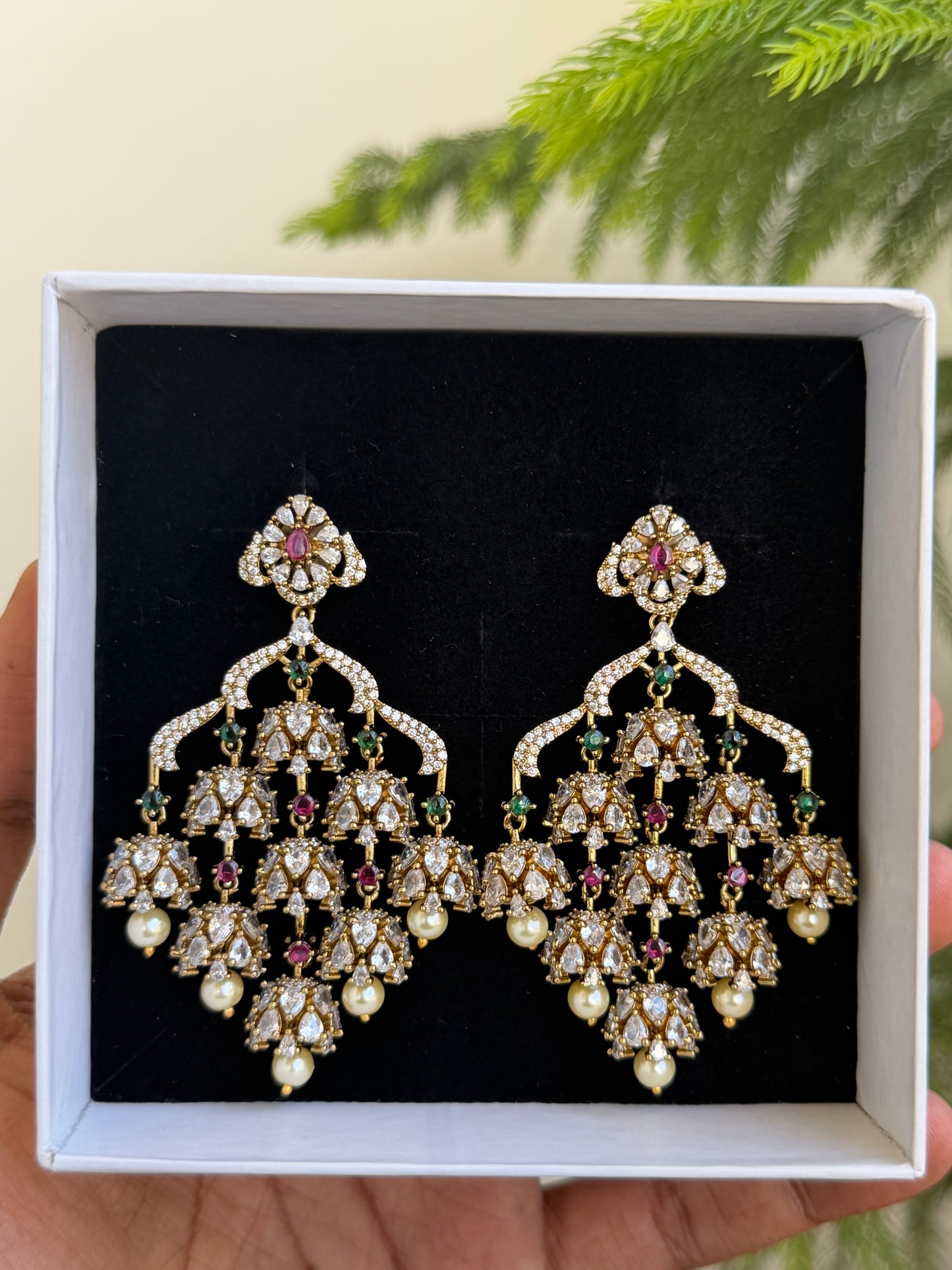 Grand Polki Style AD Chandelier Earrings with Emerald & Pearl Drops