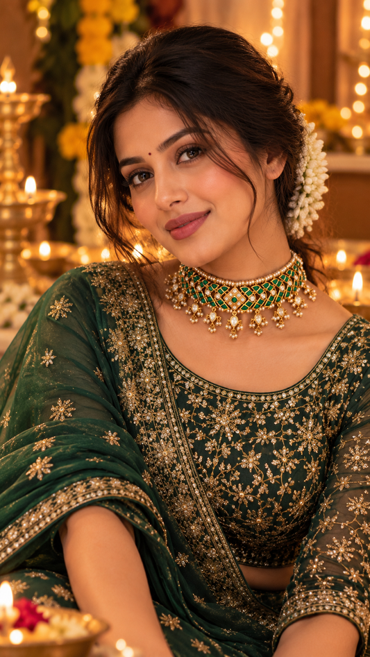 Emerald Kundan Trellis Choker Necklace Set with Pearl Tassels