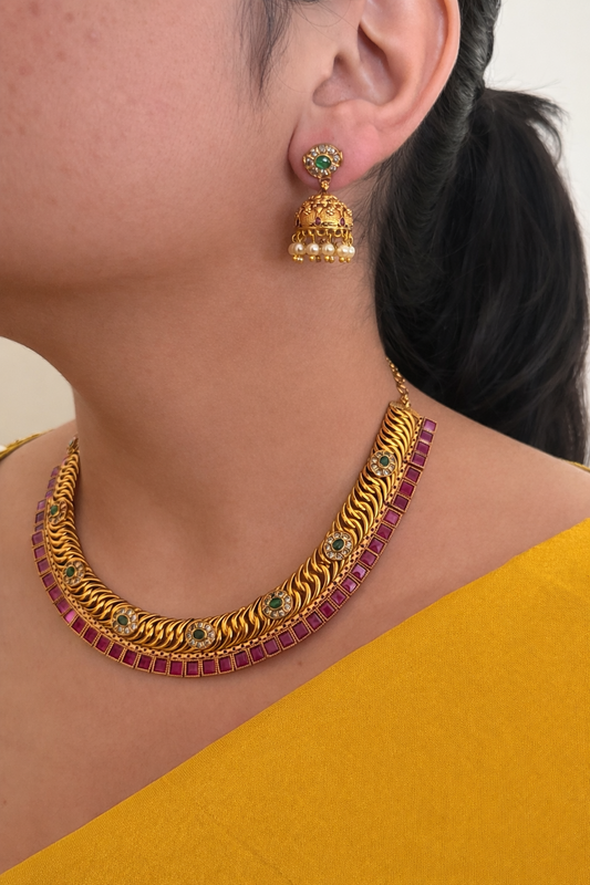 Traditional Jalebi Design Antique Gold Necklace Set with Ruby & Emerald Stones