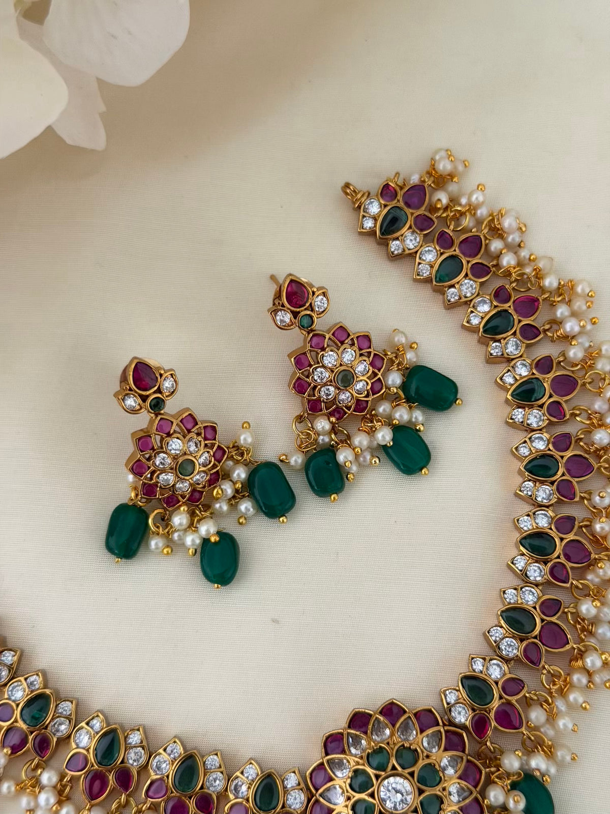 Kemp Lotus Pendant Necklace Set with Pearl Clusters and Emerald Beads