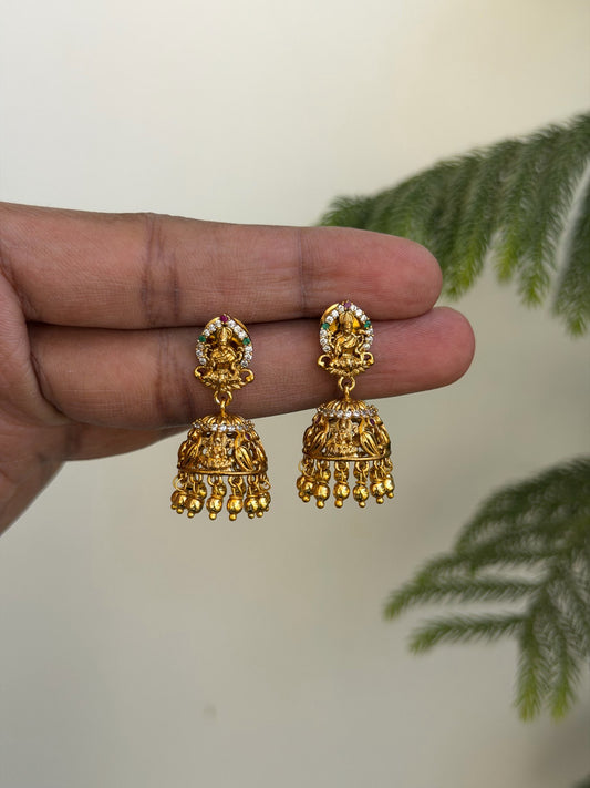 Antique Temple Jewelry Jhumka Earrings with Goddess Lakshmi Motif