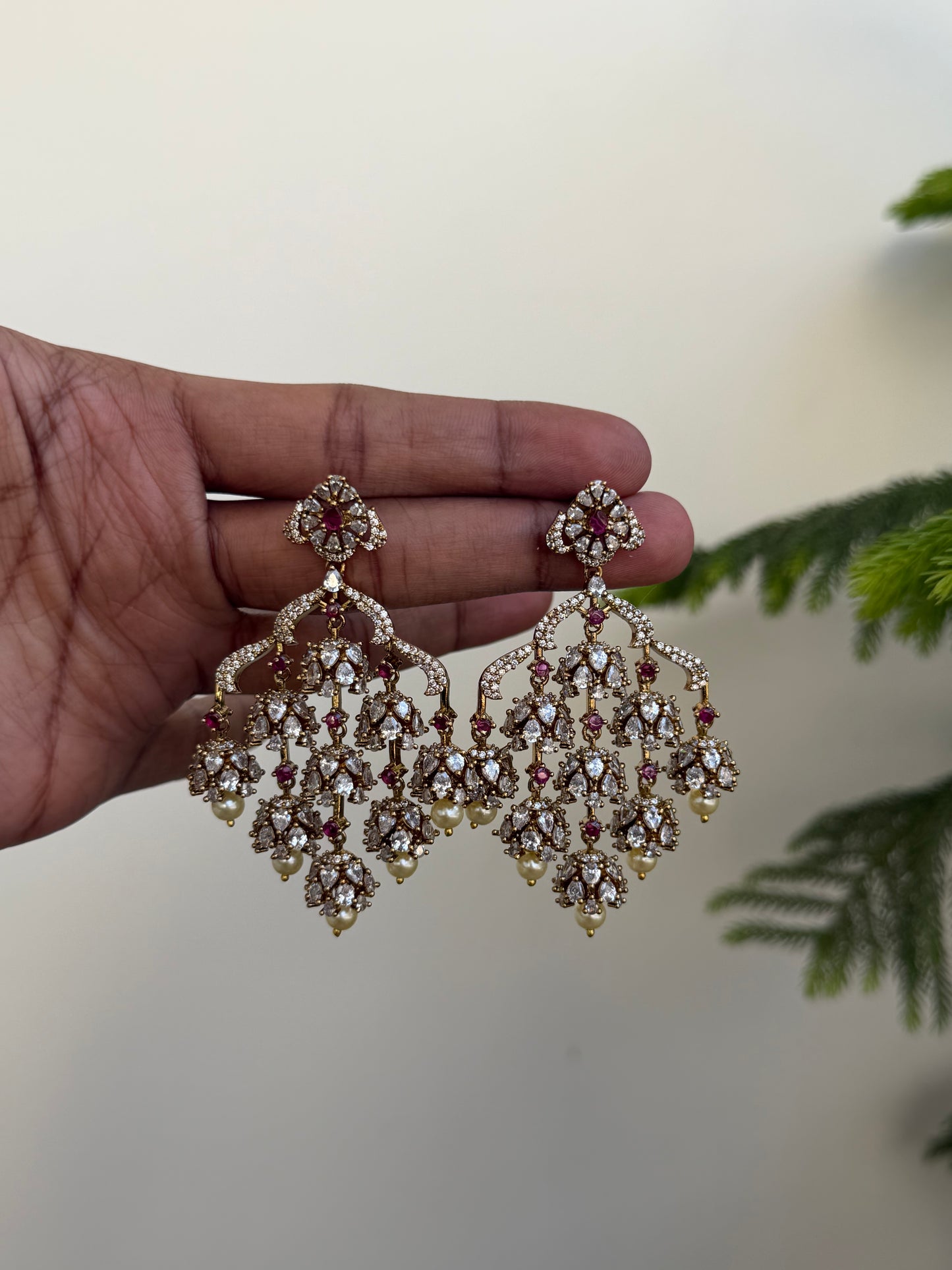 Grand Polki Style AD Chandelier Earrings with Emerald & Pearl Drops