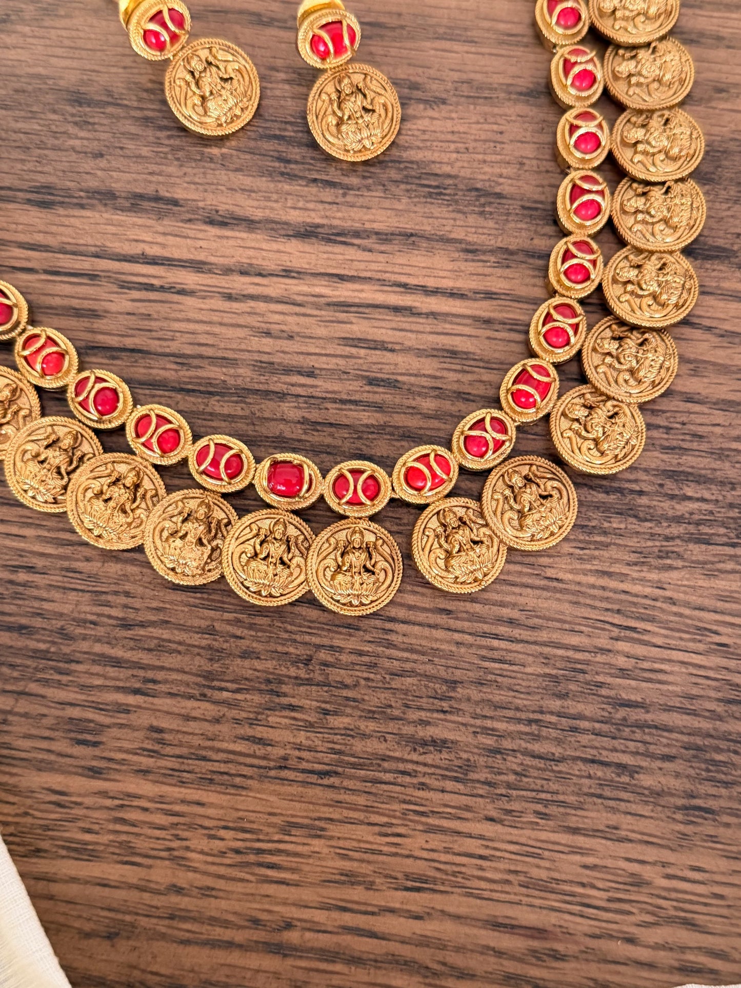 Traditional Coral Motif Coin Necklace Set in Brass – Festive Wear
