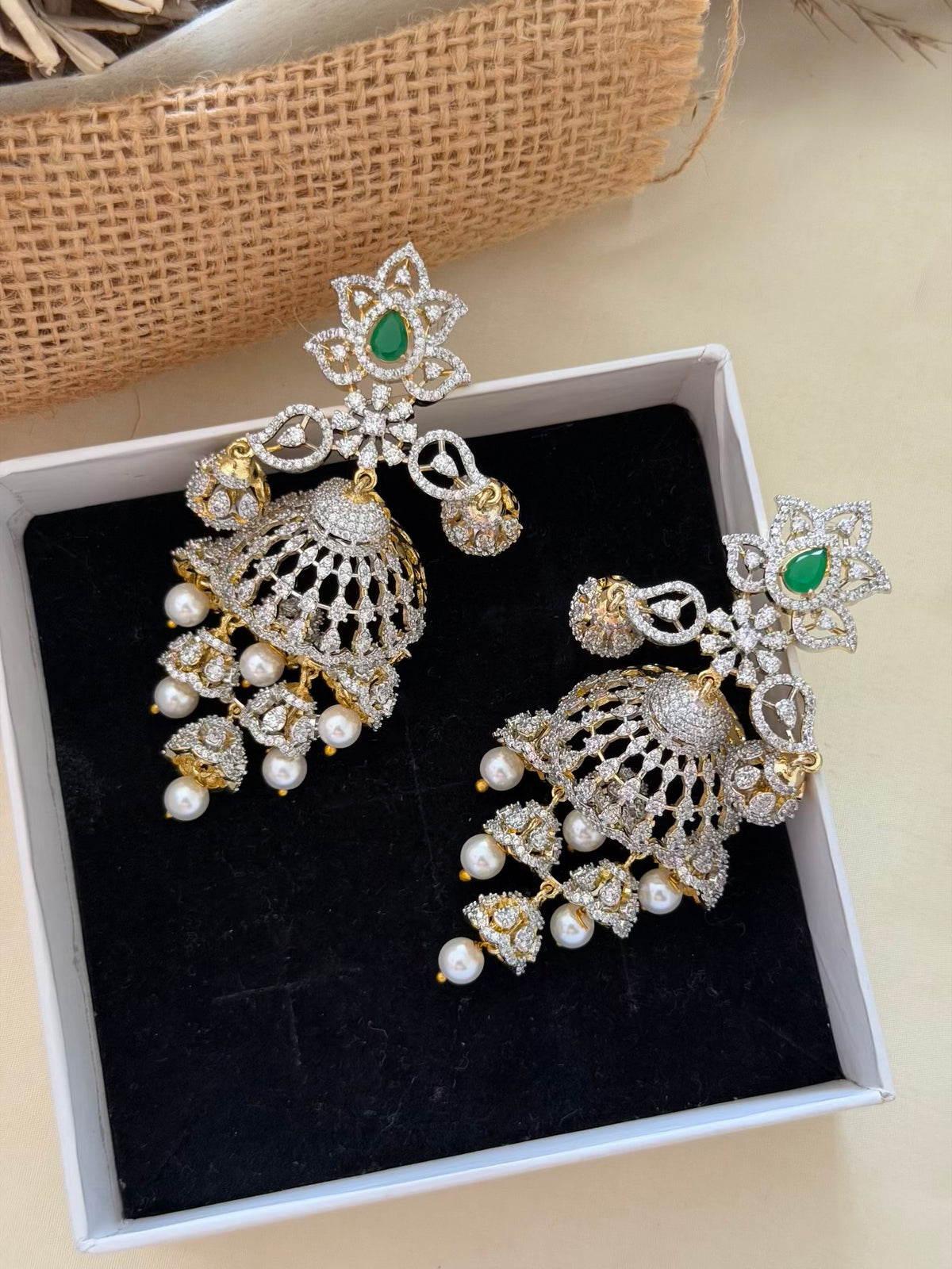 Diamond-Look CZ Chandelier Jhumka Earrings with Emerald Teardrop and Pearl Drops