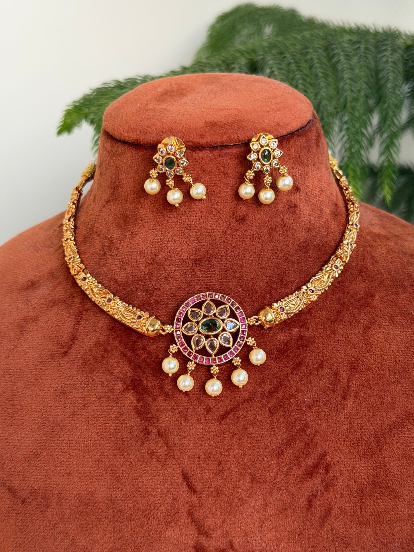 Antique Gold Finish Floral Choker Set with Kemp Stones & Pearl Drops - Temple Jewellery