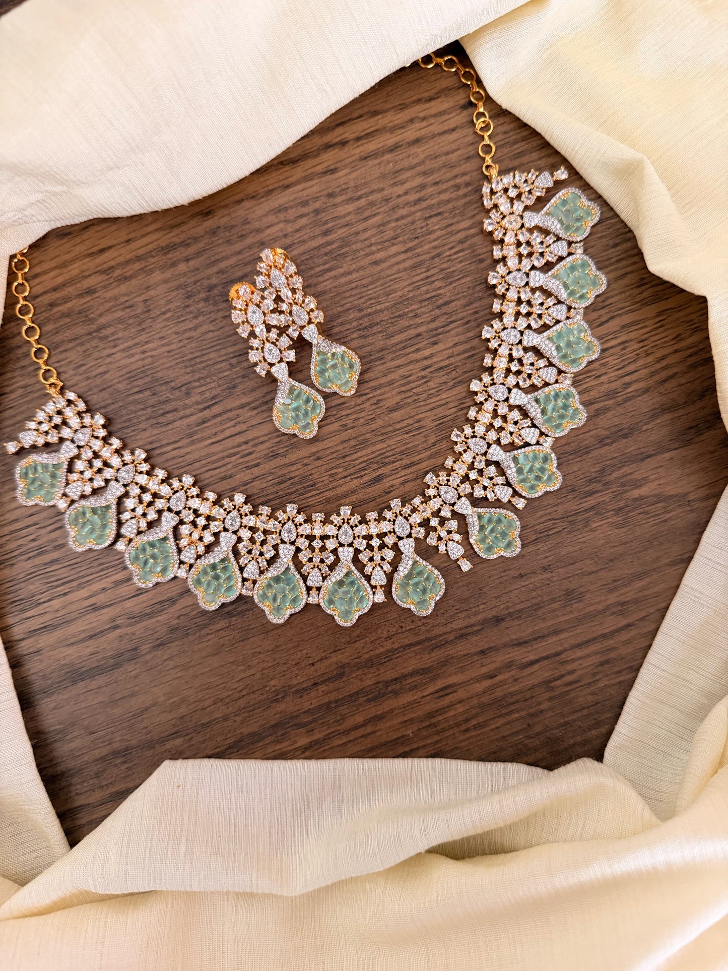 Designer Mint Green Stone & Necklace Set - Silver/Gold Polish Party Wear