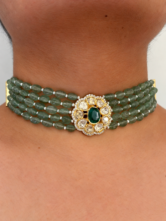 Moissanite Floral Choker Necklace Set with Green Strawberry Beads