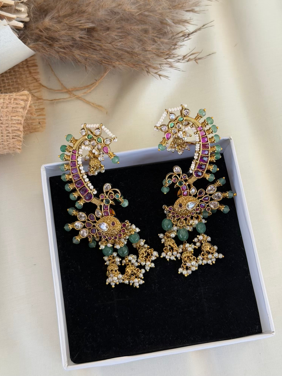 Ruby Peacock Ear Cuff Earrings with Jhumka Drop