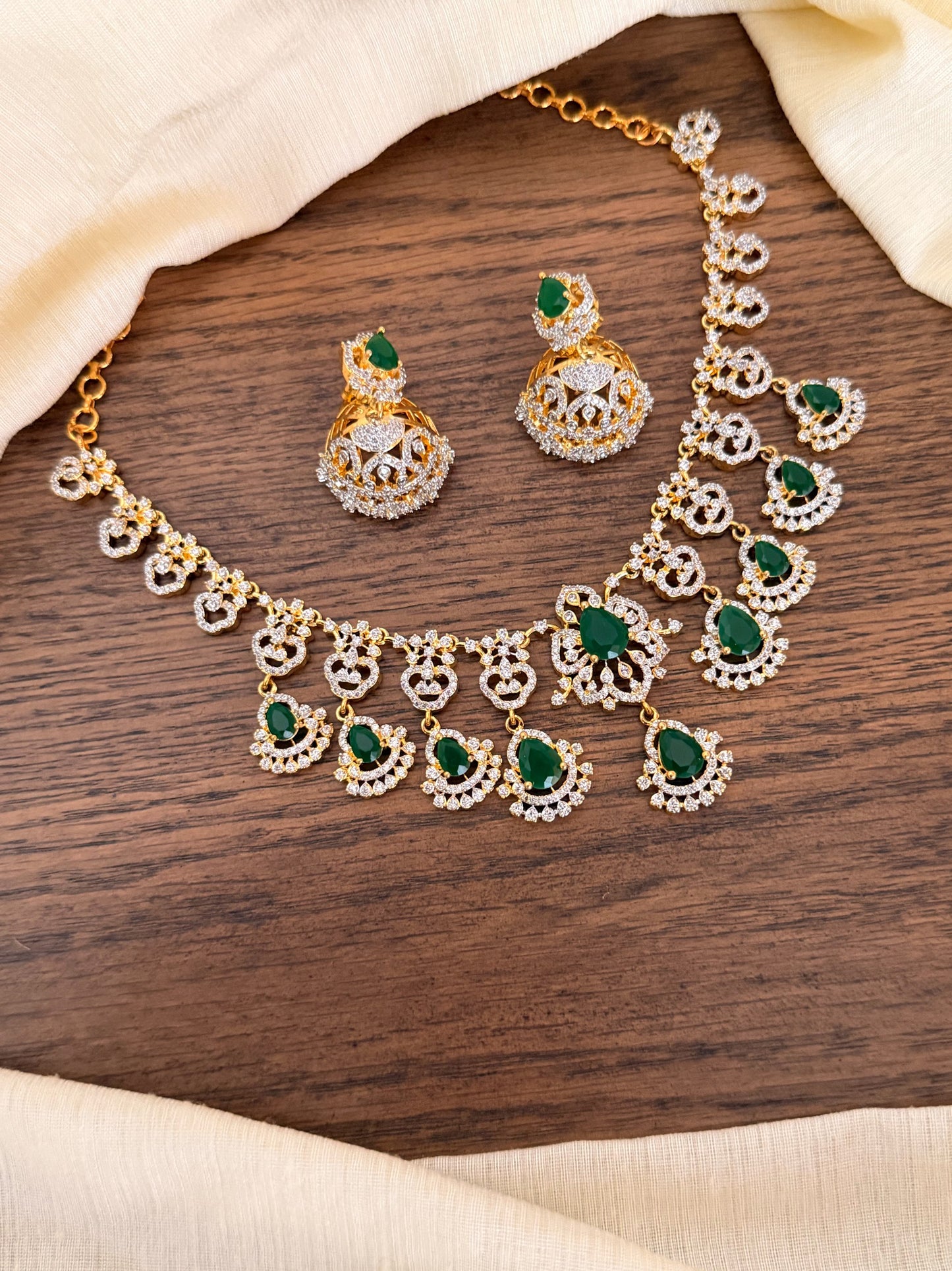 Ornate Emerald & CZ Diamond Necklace Set with Traditional Jhumka Earrings