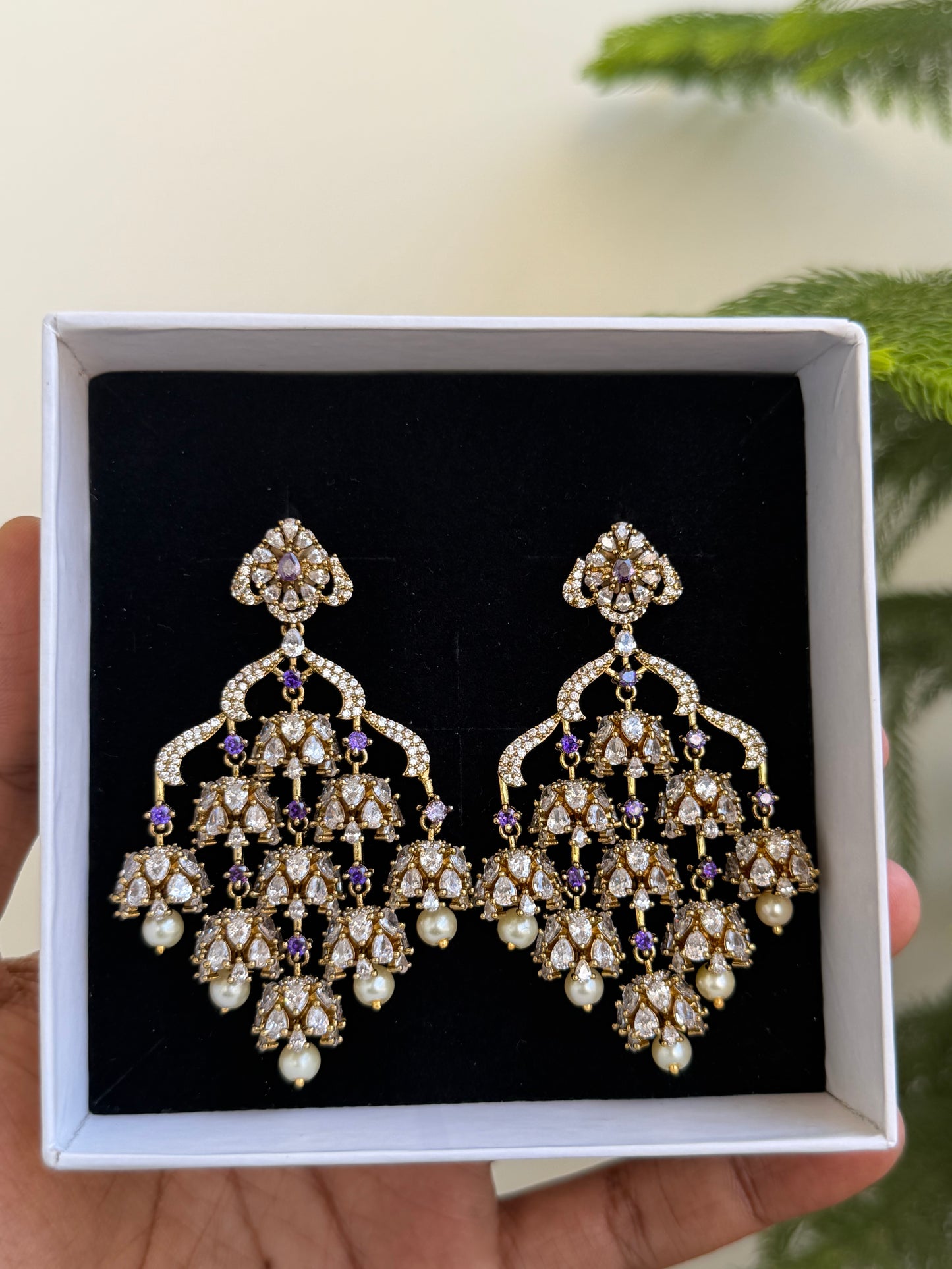 Grand Polki Style AD Chandelier Earrings with Emerald & Pearl Drops