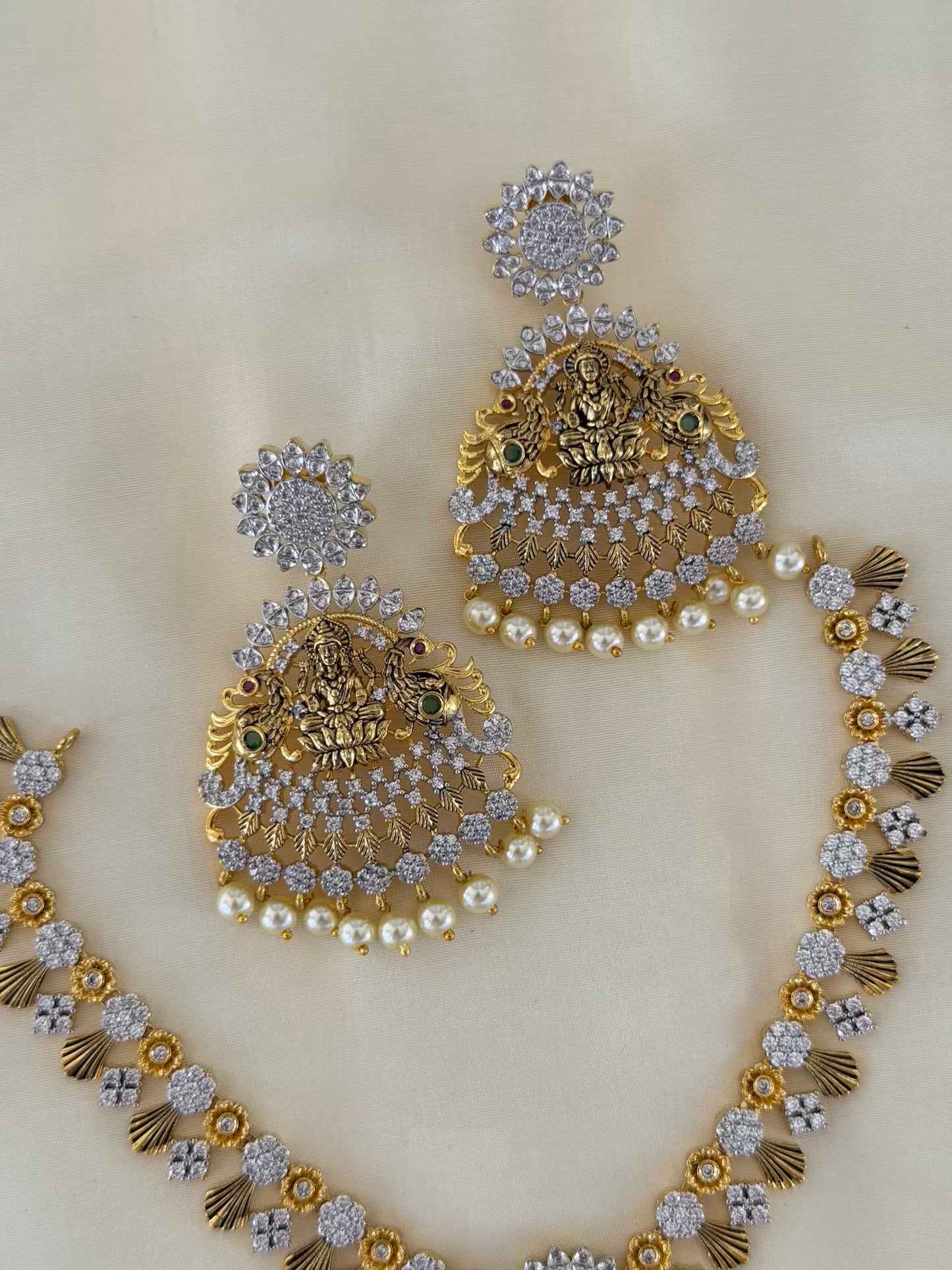 Diamond Look Lakshmi Fan Pendant Necklace Set with Matching Earrings