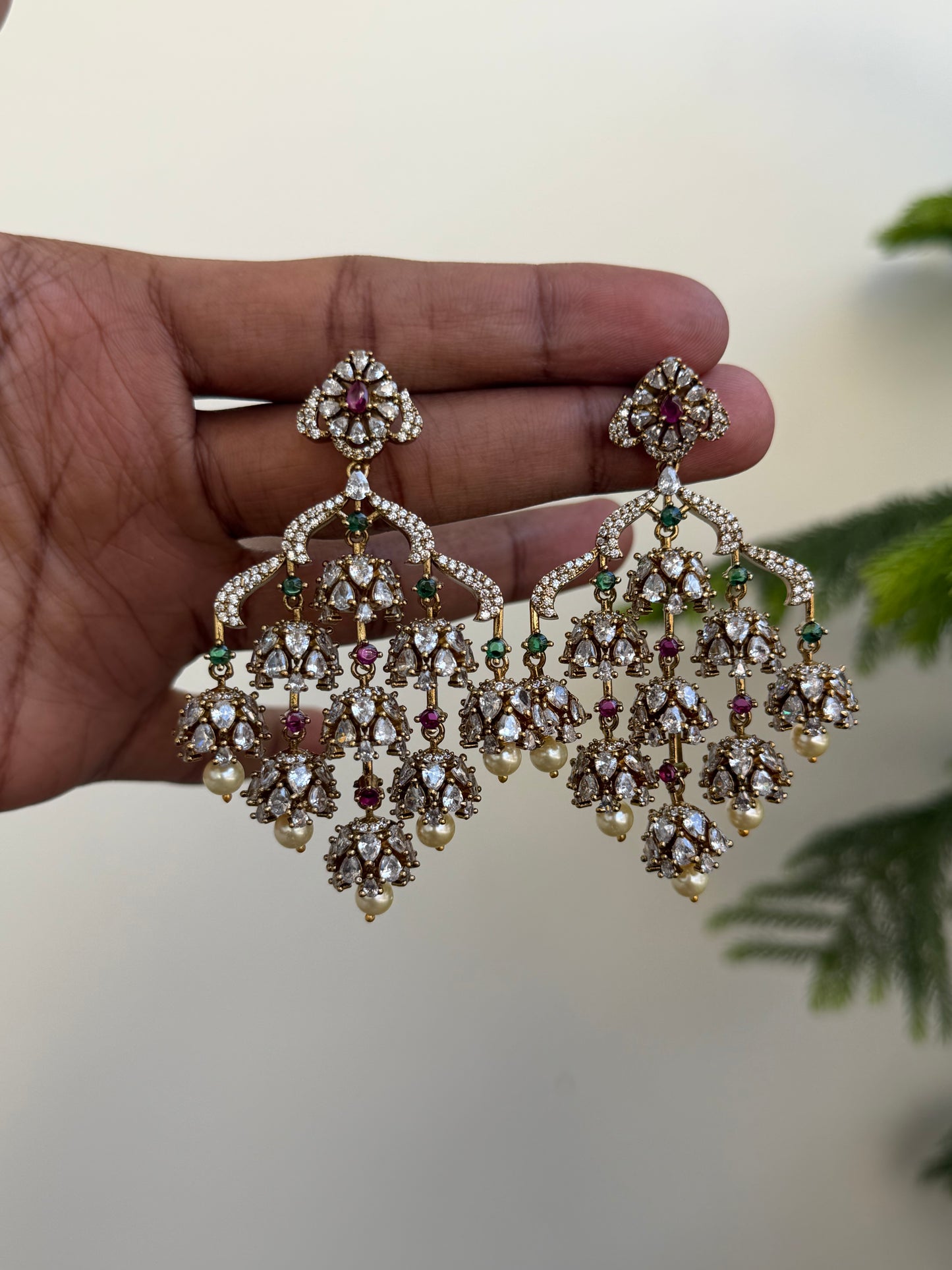 Grand Polki Style AD Chandelier Earrings with Emerald & Pearl Drops
