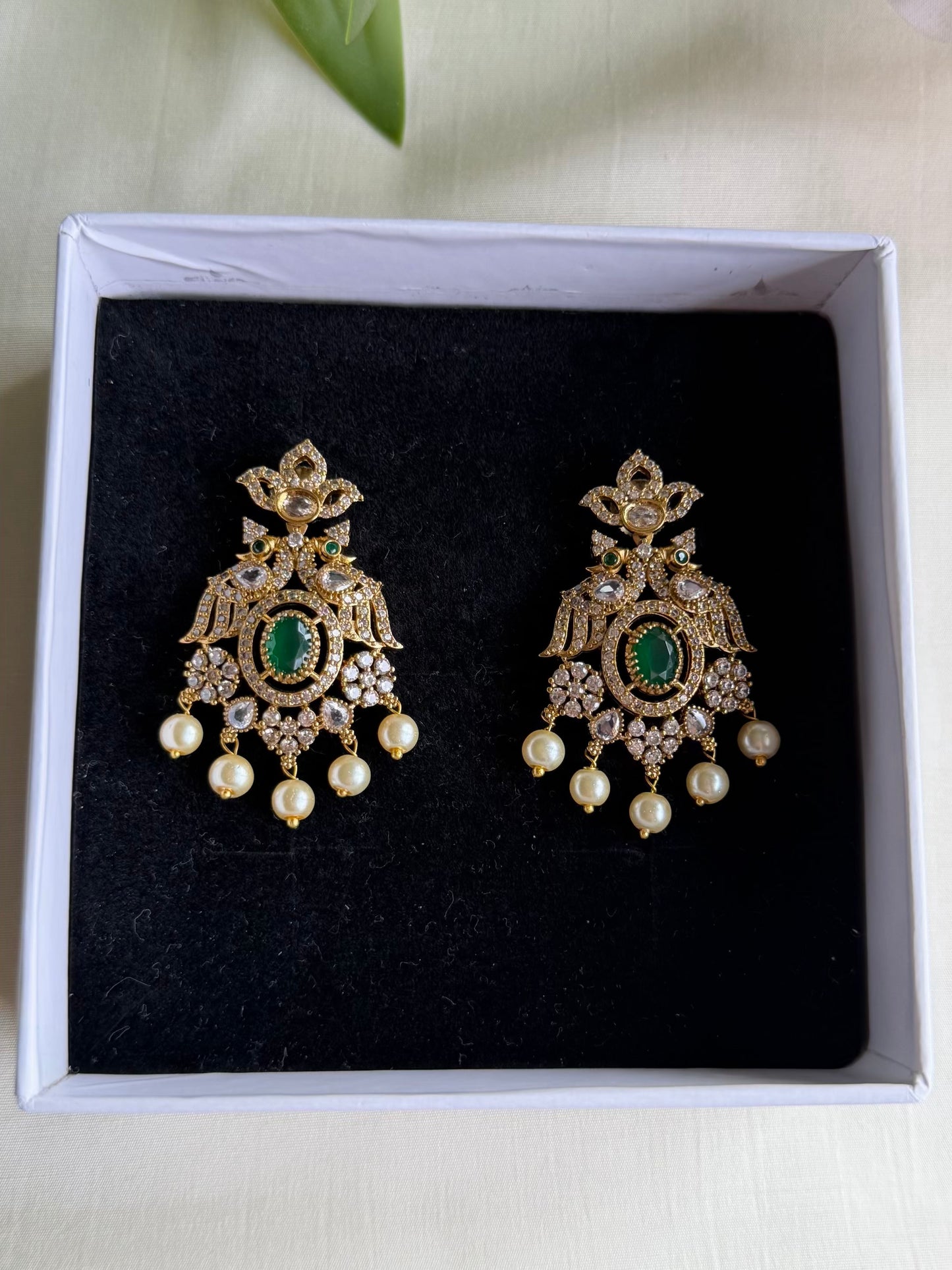 Green Peacock CZ Dangler Earrings