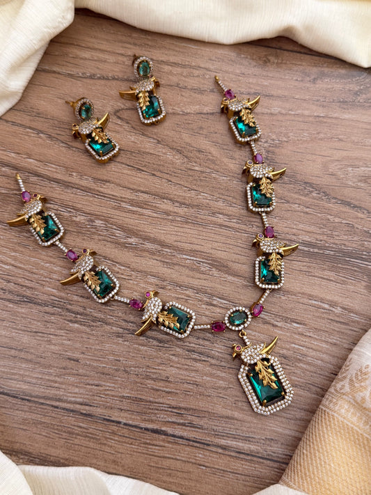 Exquisite Sea Green & Ruby Stone Parrot Designer Necklace Set