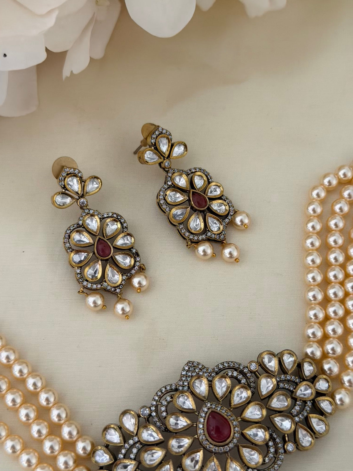 Victorian Kundan-Style Pearl Choker Set with Ruby Centre Stone and Floral Earrings