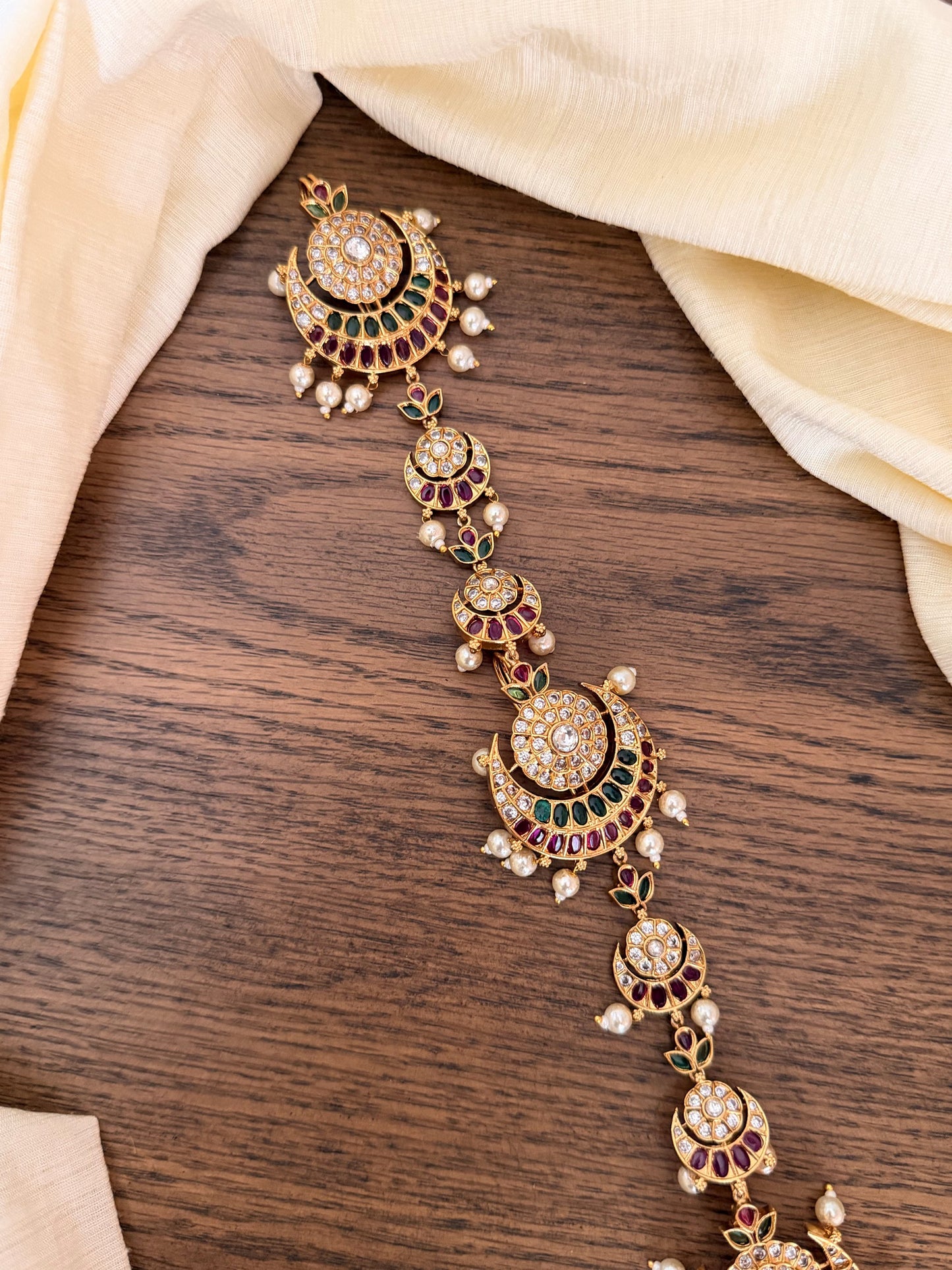 Traditional Gold-Look Long Jada with Pearl Drops & Temple Design | Bridal Hair Jewellery | MIJ Jewels