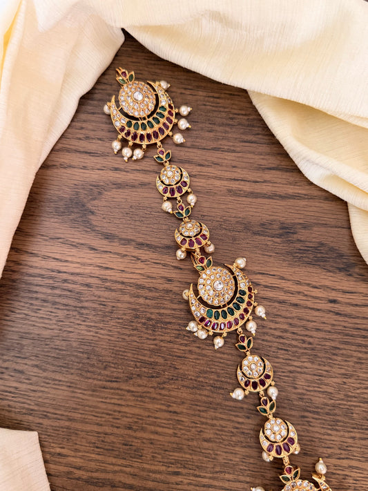 Traditional Gold-Look Long Jada with Pearl Drops & Temple Design | Bridal Hair Jewellery | MIJ Jewels