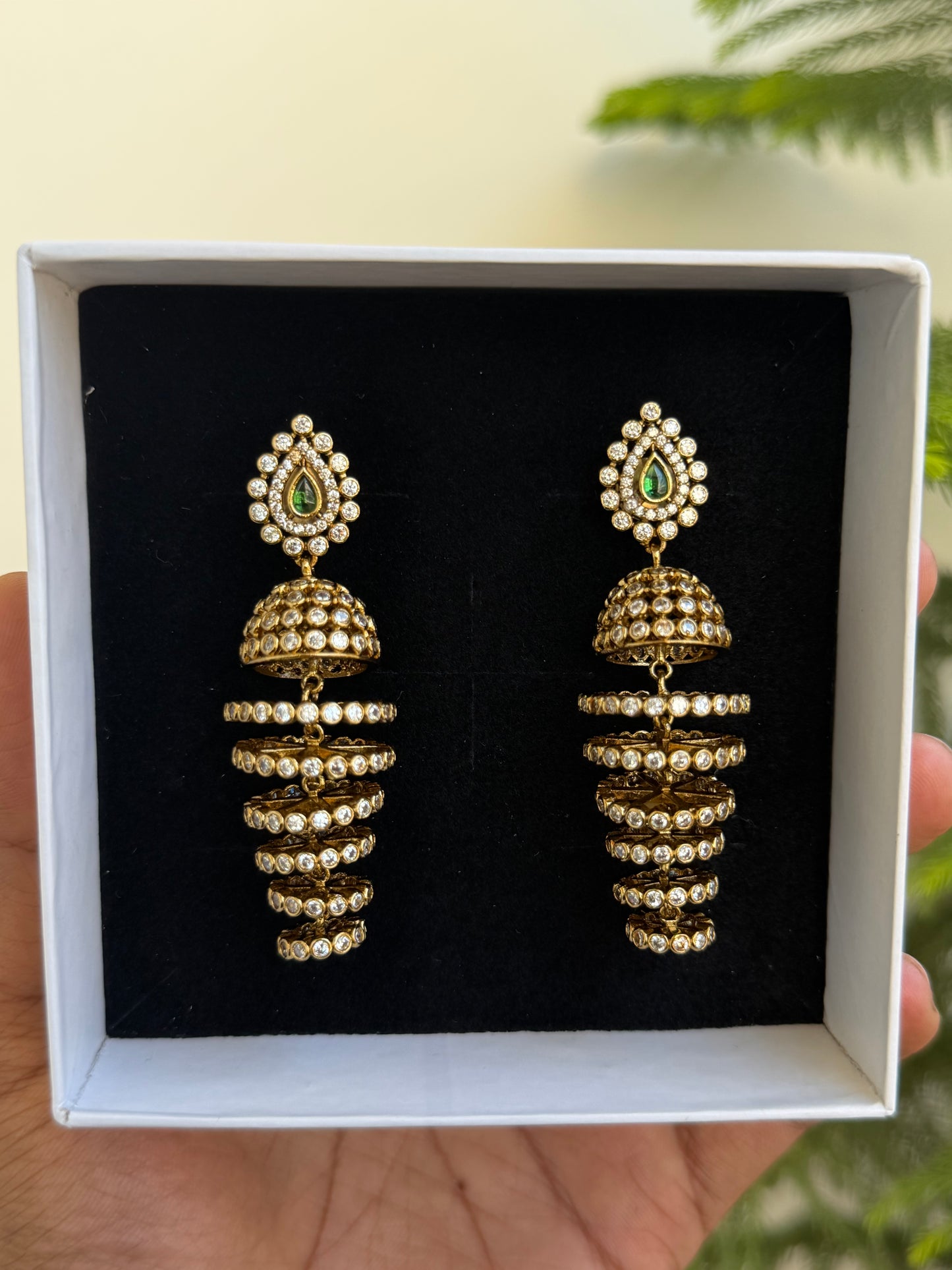 Modern Tiered Jhumka Earrings with AD Stones