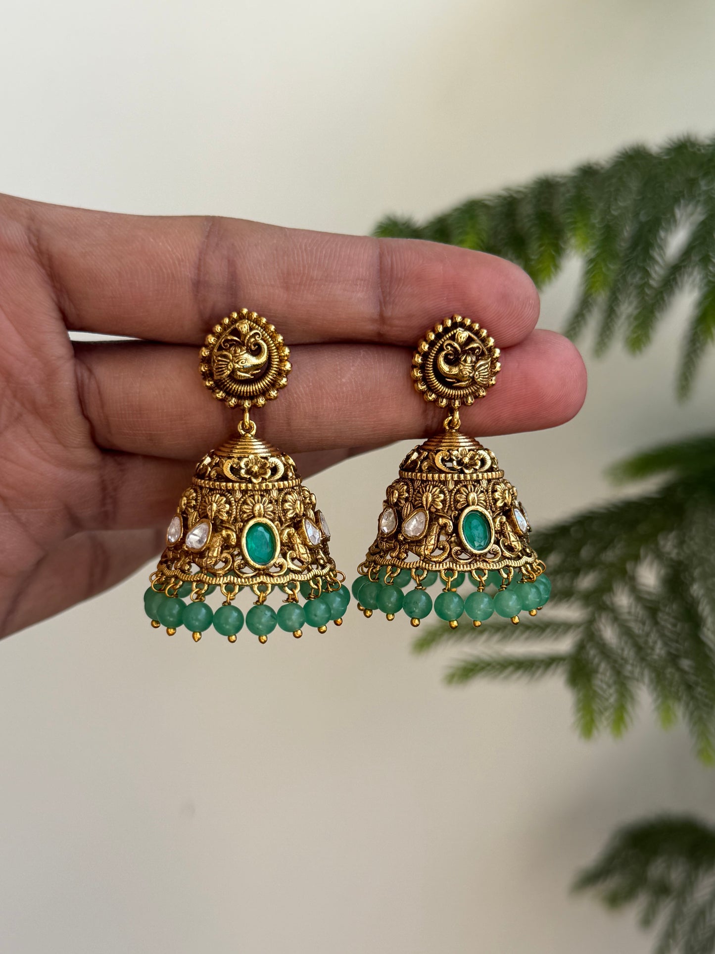Antique Nakshi Moissonite Jhumka Earrings with Green Beads